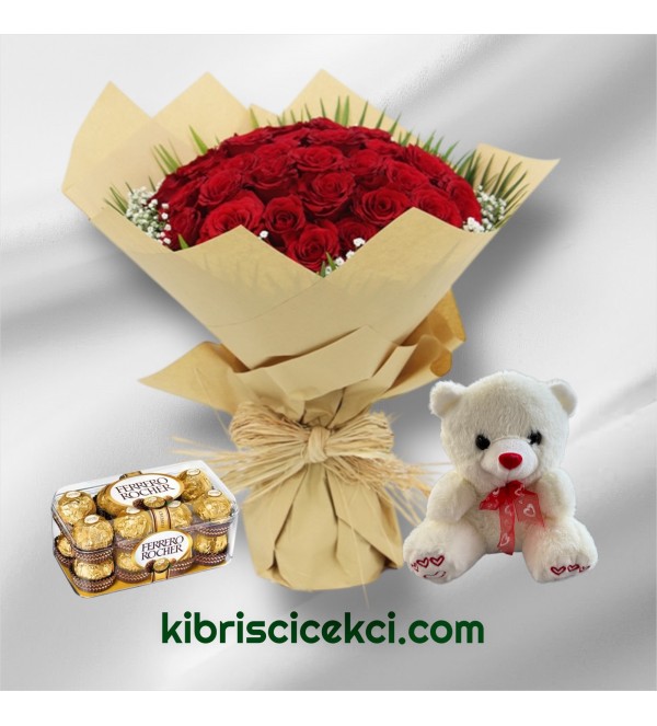 39 Kırmızı Gül Buketi 16'lı Ferrero Çikolata ve Ayıcık